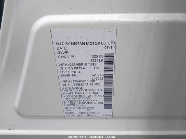 Infiniti QX60 2014 5N1AL0MM6EC536493 Image 9