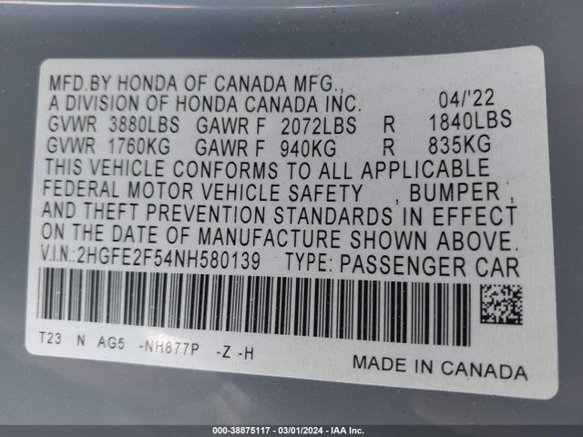 Honda Civic Sport 2022 2HGFE2F54NH580139 Image 9