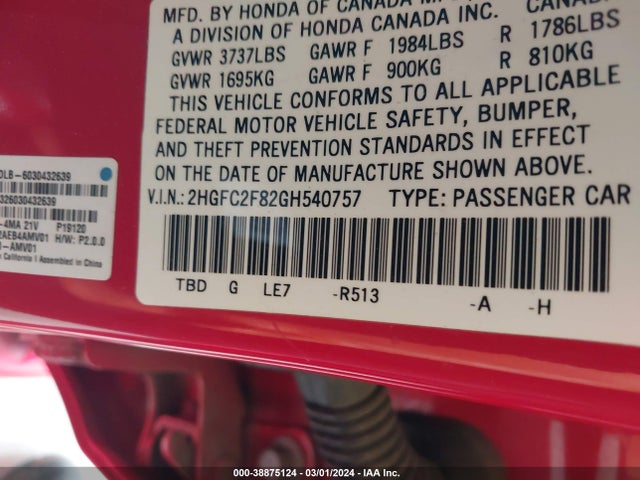 Honda CIVIC EX 2016 2HGFC2F82GH540757 Image 9