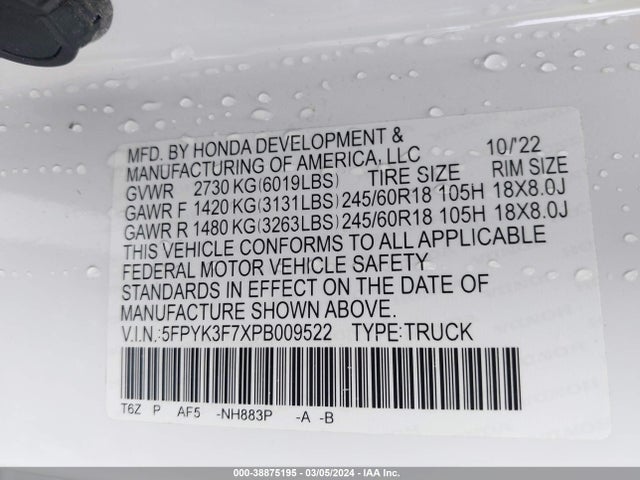 Honda Ridgeline Rtl-e 2023 5FPYK3F7XPB009522 Image 9