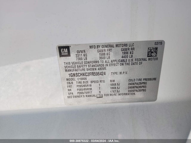 Chevrolet Suburban 1500 Ls 2015 1GNSCHKC2FR596424 Image 9
