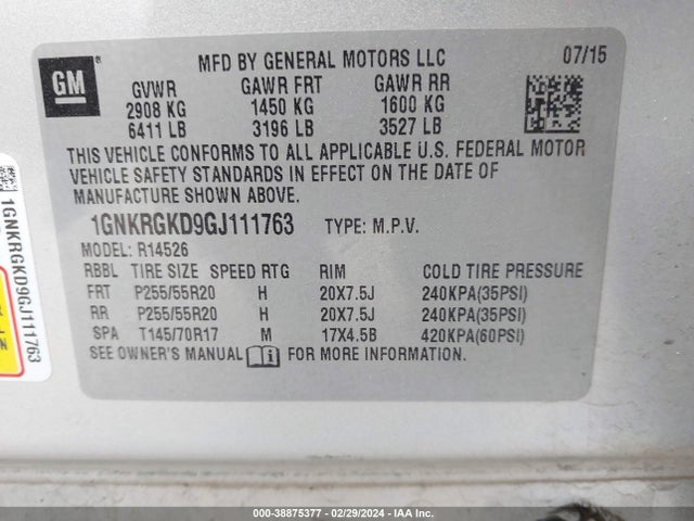 Chevrolet Traverse 1lt 2016 1GNKRGKD9GJ111763 Image 9