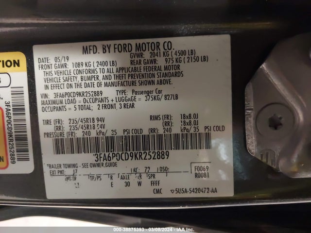 Ford FUSION SEL 2019 3FA6P0CD9KR252889 Image 9