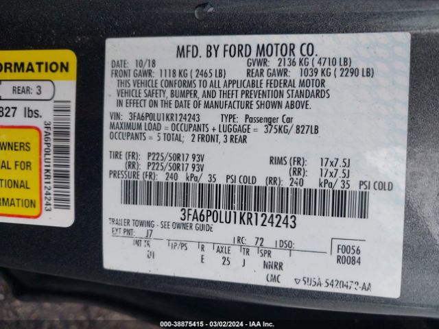 3FA6P0LU1KR124243 Ford Fusion Hybrid Se