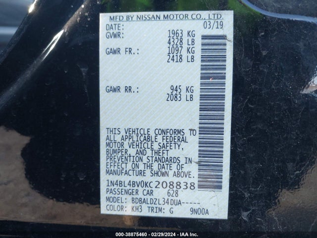 Nissan Altima 2.5 S 2019 1N4BL4BV0KC208838 Image 9