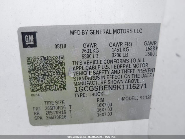 Chevrolet Colorado Wt 2019 1GCGSBEN9K1116271 Image 9