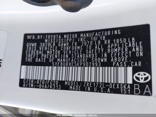 Toyota COROLLA SE 2019 5YFBURHE5KP902993 Image 9