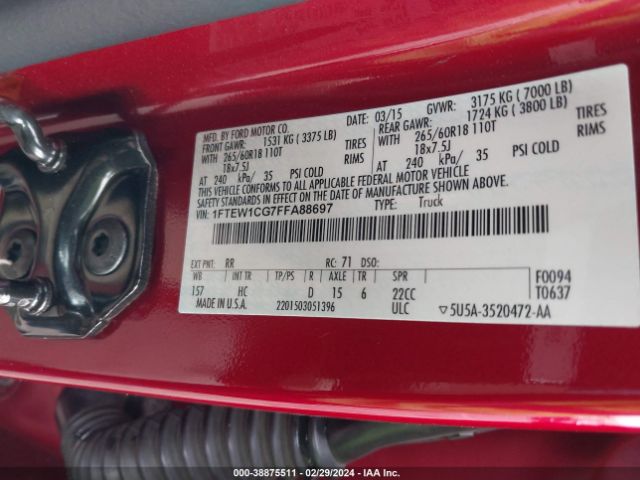 1FTEW1CG7FFA88697 Ford F-150 Lariat