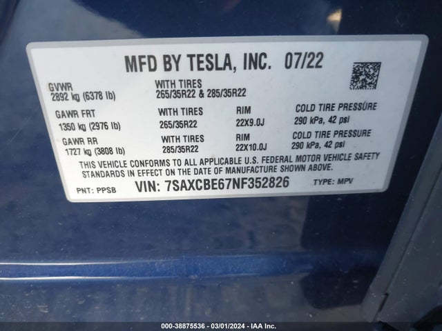 7SAXCBE67NF352826 Tesla Model X Plaid Tri Motor All-wheel Drive