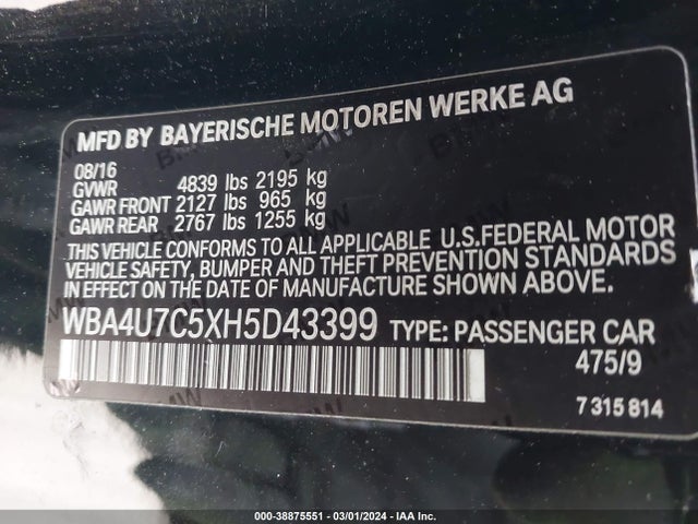 WBA4U7C5XH5D43399 BMW 430I