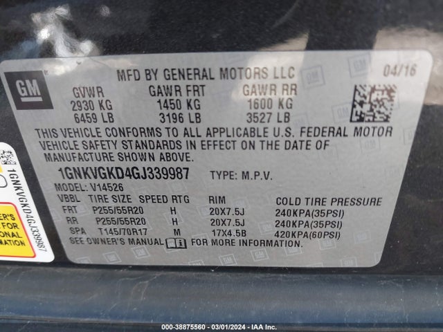 Chevrolet Traverse 1lt 2016 1GNKVGKD4GJ339987 Image 9