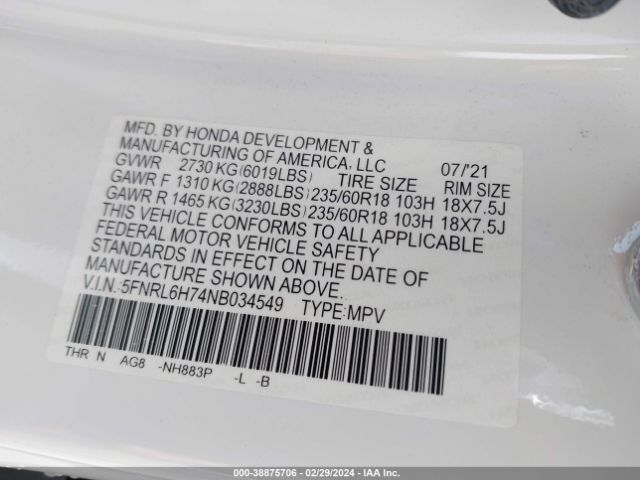 5FNRL6H74NB034549 Honda Odyssey Ex-l