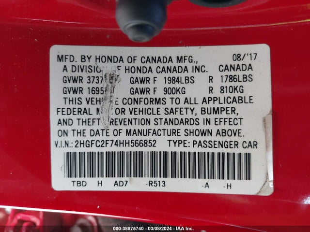 Honda CIVIC EX 2017 2HGFC2F74HH566852 Image 9