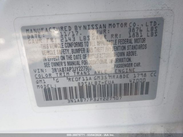 3N1AB7AP3JY227907 Nissan SENTRA S