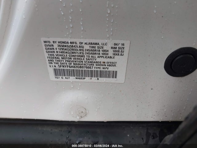 Honda Pilot Ex-l 2016 5FNYF6H82GB076667 Image 9