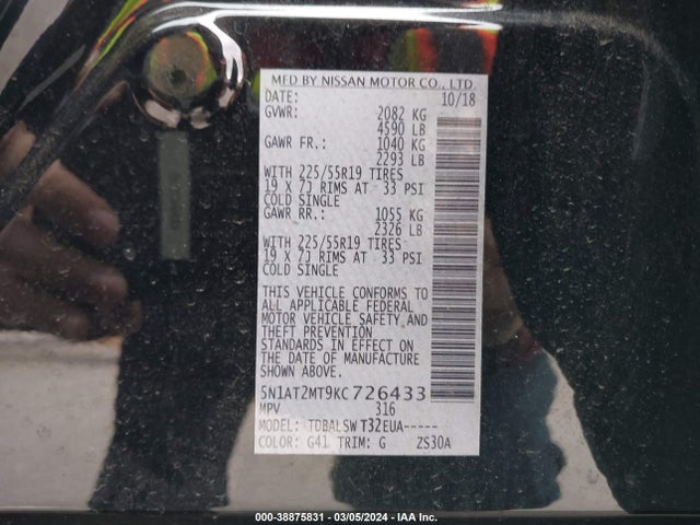 Nissan Rogue Sl 2019 5N1AT2MT9KC726433 Image 9