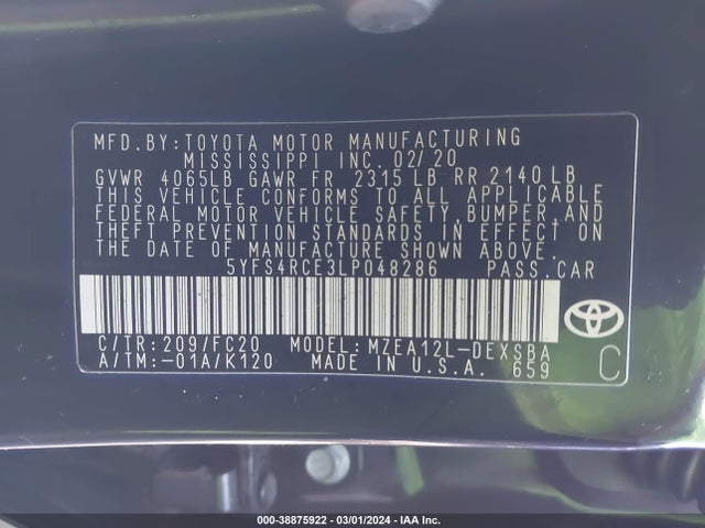Toyota COROLLA SE 2020 5YFS4RCE3LP048286 Image 9