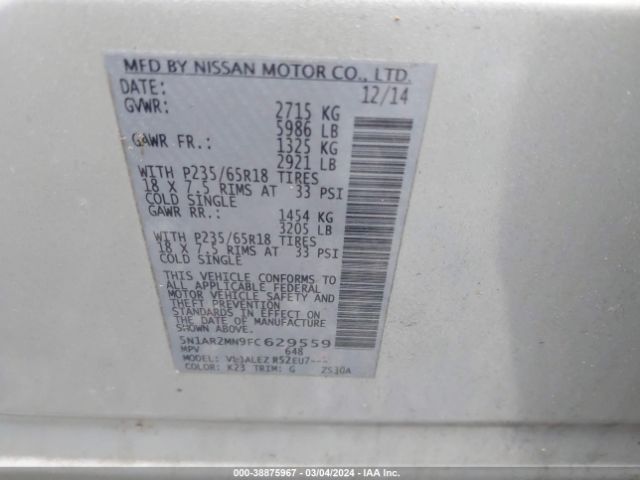 5N1AR2MN9FC629559 Nissan Pathfinder Platinum/s/sl/sv