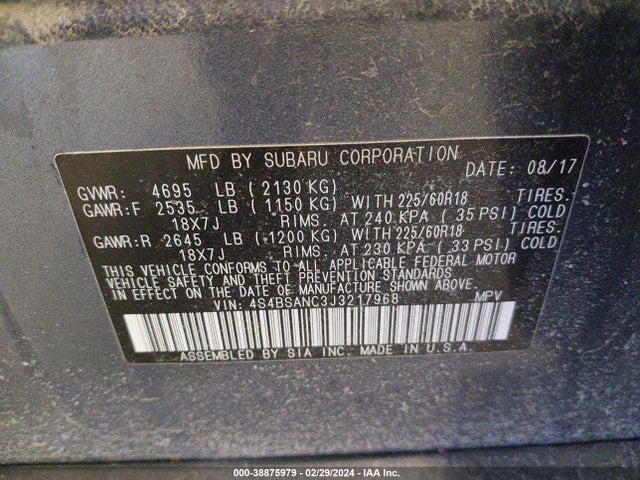 Subaru Outback 2.5i Limited 2018 4S4BSANC3J3217968 Image 9