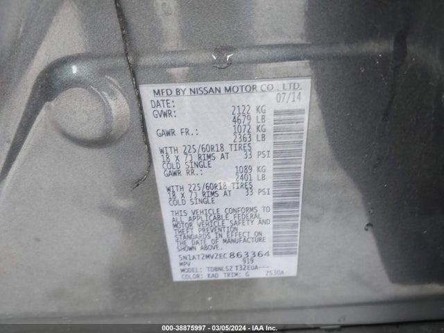 Nissan Rogue Sl 2014 5N1AT2MV2EC863364 Image 9