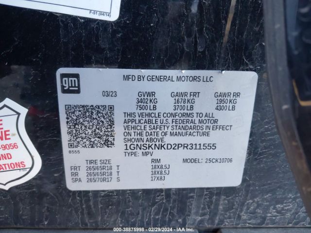1GNSKNKD2PR311555 Chevrolet Tahoe 4wd Lt