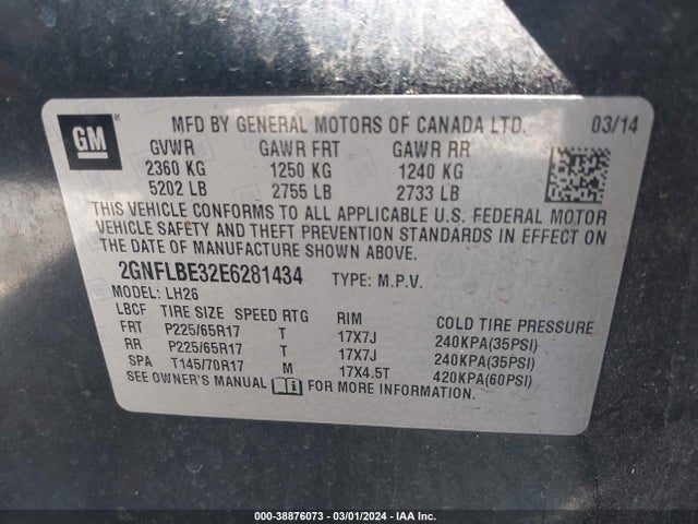 Chevrolet EQUINOX 1LT 2014 2GNFLBE32E6281434 Image 9