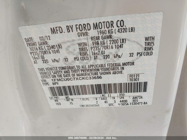 2012 FORD ESCAPE XLS VIN: 1FMCU0C7XCKC33656