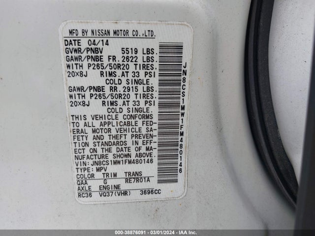 Infiniti QX70 2015 JN8CS1MW1FM480146 Image 9