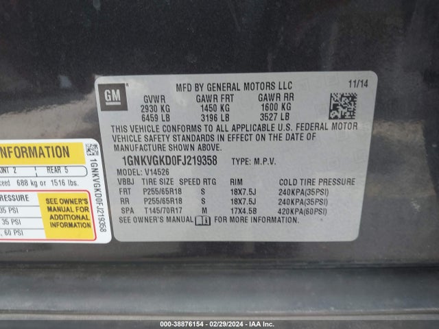 Chevrolet Traverse 1lt 2015 1GNKVGKD0FJ219358 Image 9