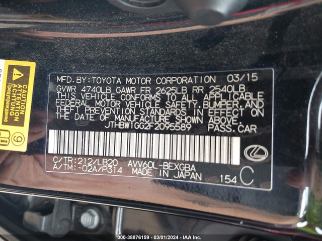 Lexus ES 300H 2015 JTHBW1GG2F2095589 Image 9
