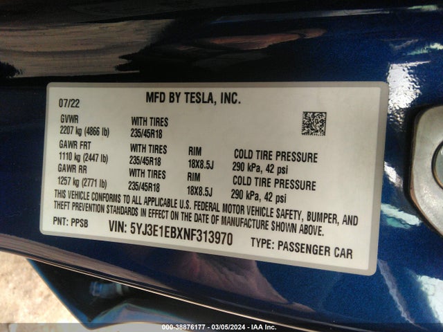 5YJ3E1EBXNF313970 Tesla Model 3 Long Range Dual Motor All-wheel Drive