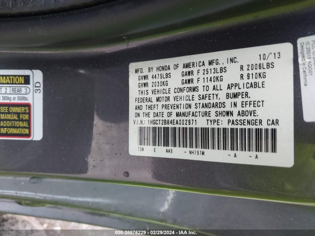 Honda Accord Ex-l V-6 2014 1HGCT2B84EA002971 Image 9