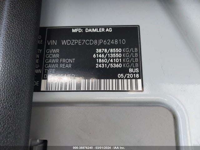 WDZPE7CD8JP624810 Mercedes-Benz Sprinter 2500 Standard Roof V6