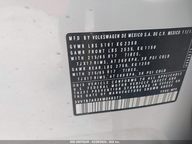 3VV1B7AX3KM048371 Volkswagen Tiguan 2.0t S