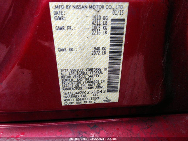 Nissan Altima 2.5 Sl 2015 1N4AL3AP2FC251043 Image 9