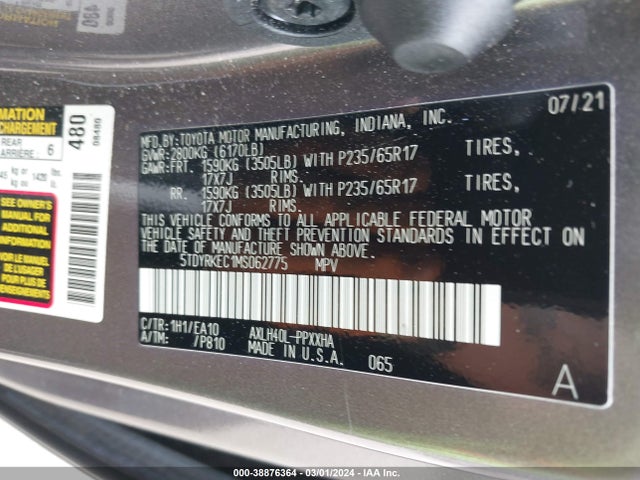 Toyota SIENNA XLE 2021 5TDYRKEC1MS062775 Image 9