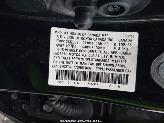 Honda CIVIC EX 2016 2HGFC2F77GH514002 Image 9