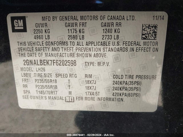 Chevrolet EQUINOX 1LT 2015 2GNALBEK7F6202598 Image 9
