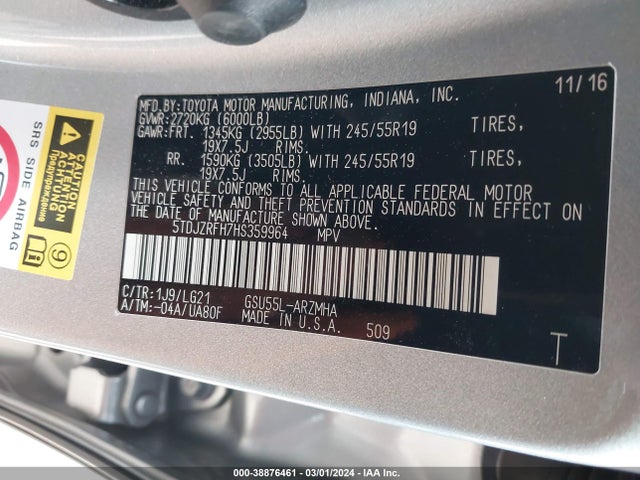 Toyota Highlander Se 2017 5TDJZRFH7HS359964 Image 9