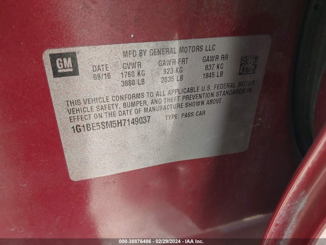 Chevrolet Cruze Lt Auto 2017 1G1BE5SM5H7149037 Image 9