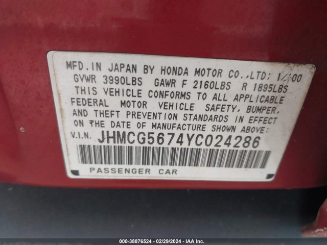 2000 HONDA ACCORD 2.3 SE VIN: JHMCG5674YC024286