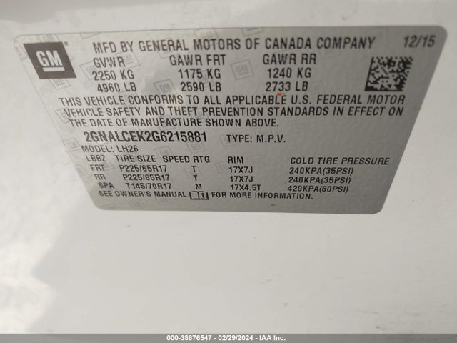 Chevrolet EQUINOX LT 2016 2GNALCEK2G6215881 Image 9