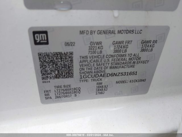 1GCUDAED6NZ531651 Chevrolet Silverado 1500 4wd  Short Bed Wt