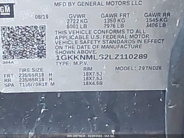 1GKKNMLS2LZ110289 GMC Acadia Fwd Slt