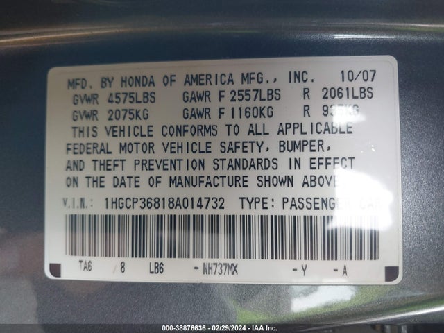 2008 HONDA ACCORD 3.5 EX-L VIN: 1HGCP36818A014732