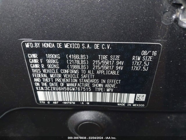Honda HR-V EX 2016 3CZRU6H58GM767515 Image 9