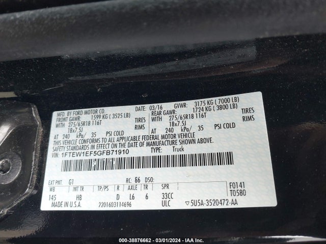 Ford F-150 Lariat 2016 1FTEW1EF5GFB71910 Image 9