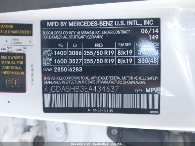 4JGDA5HB3EA434637 Mercedes-Benz Ml 350 4matic