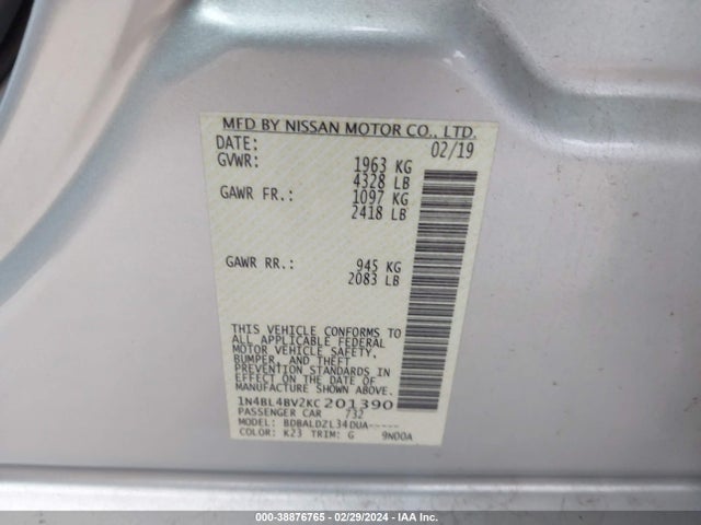 Nissan Altima 2.5 S 2019 1N4BL4BV2KC201390 Image 9