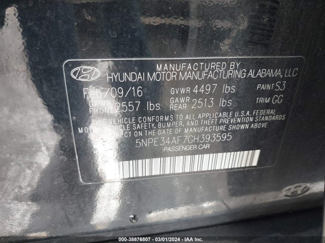 Hyundai Sonata Limited 2016 5NPE34AF7GH393595 Image 9